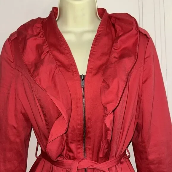 Elle red ruffle & zip front all weather‎ or rain cotton/spandex short coat - Picture 3 of 11